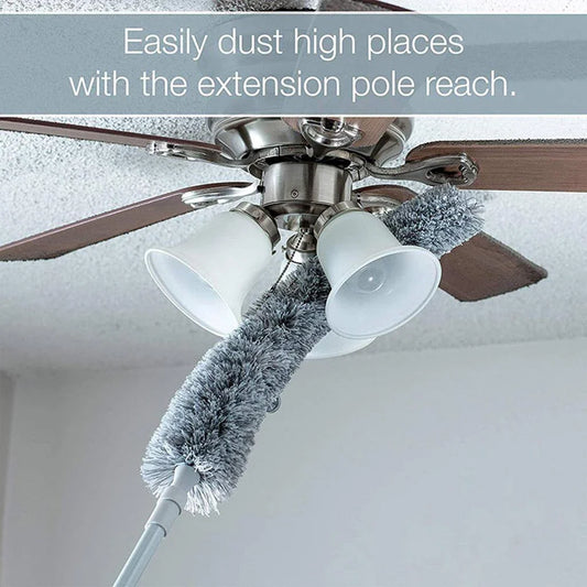 Extendable microfiber duster with long stainless steel handle for reaching high areas and cleaning ceiling fans, light fixtures, and tall furniture