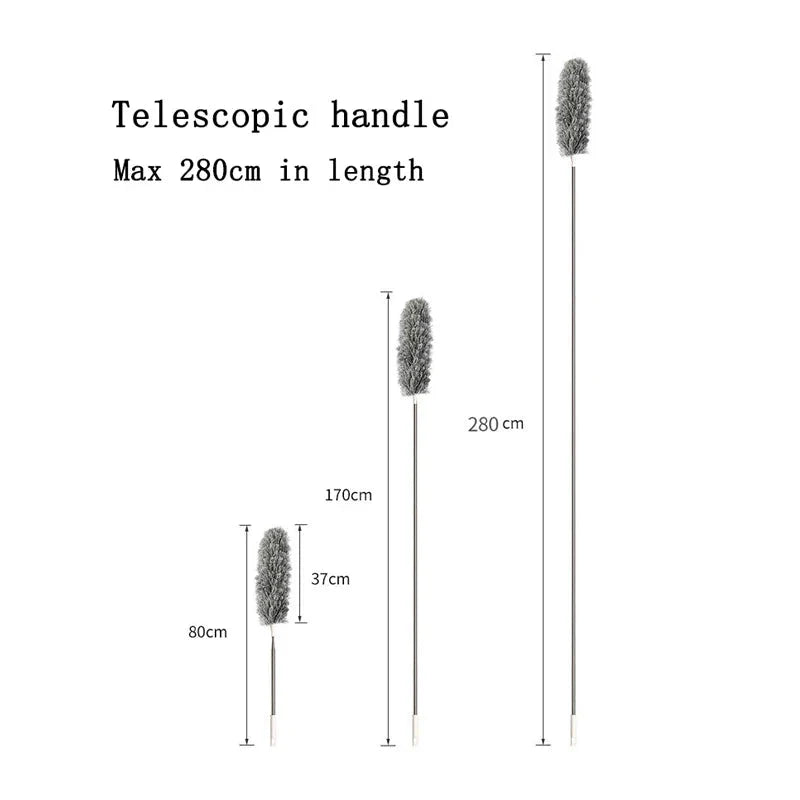 Extendable microfiber duster with long stainless steel handle for reaching high areas and cleaning ceiling fans, light fixtures, and tall furniture