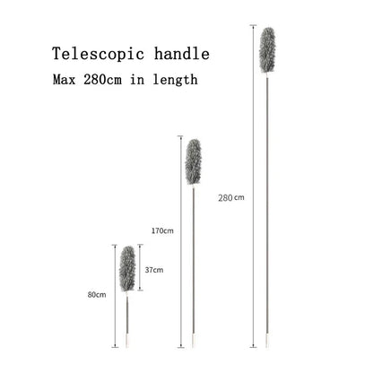 Extendable microfiber duster with long stainless steel handle for reaching high areas and cleaning ceiling fans, light fixtures, and tall furniture