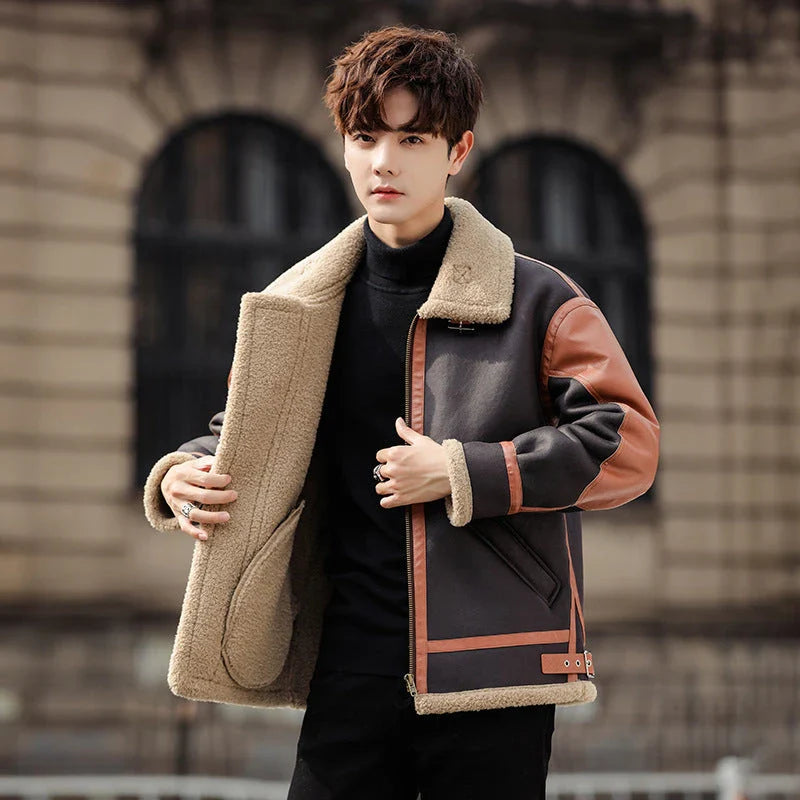Handsome man wearing a dark coffee-coloured, fur-lined, thickened casual coat with a fashionable style
