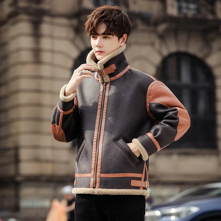 Handsome man wearing a dark coffee-coloured, fur-lined, thickened casual coat with a fashionable style