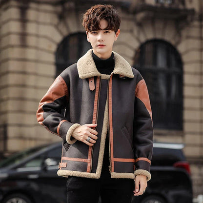 Handsome man wearing a dark coffee-coloured, fur-lined, thickened casual coat with a fashionable style