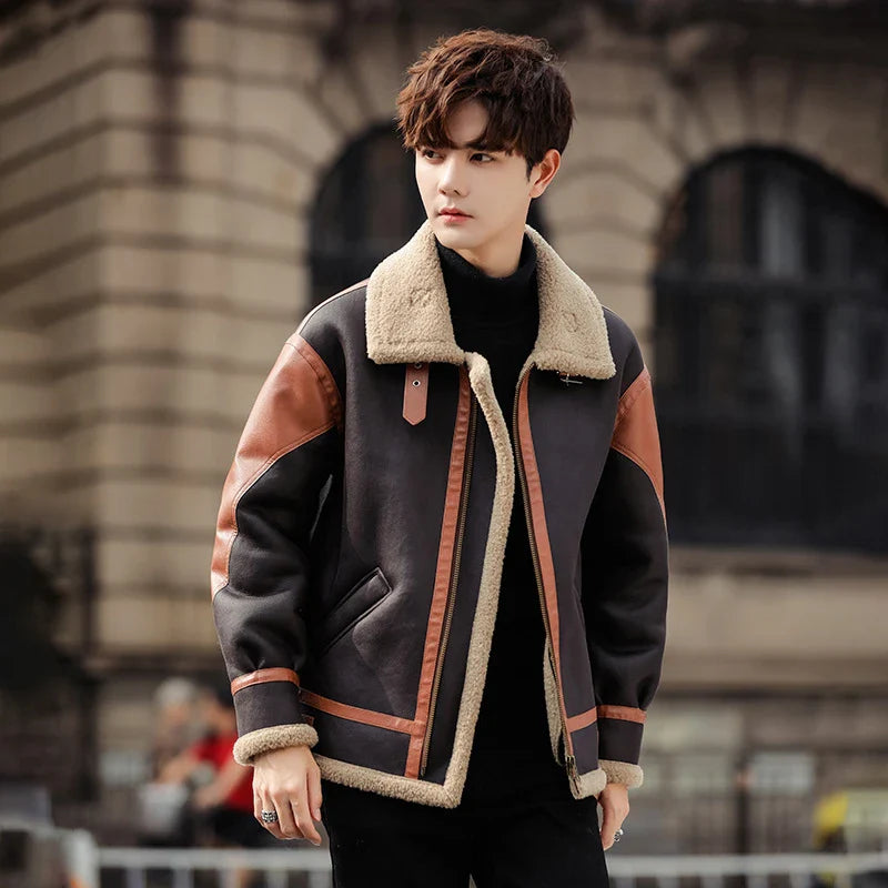 Handsome man wearing a dark coffee-coloured, fur-lined, thickened casual coat with a fashionable style