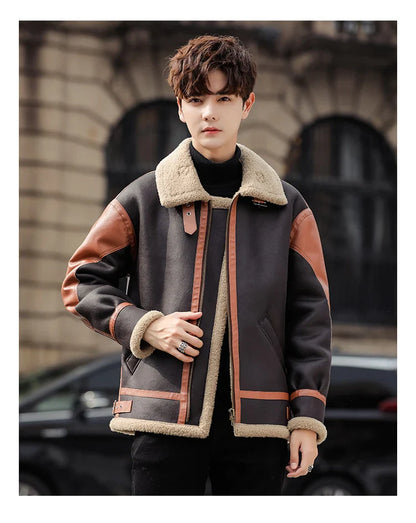Handsome man wearing a dark coffee-coloured, fur-lined, thickened casual coat with a fashionable style