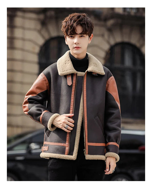 Handsome man wearing a dark coffee-coloured, fur-lined, thickened casual coat with a fashionable style