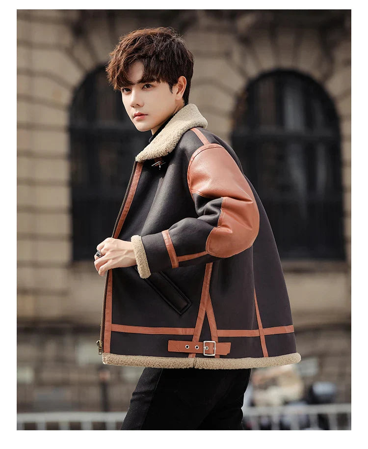 Handsome man wearing a dark coffee-coloured, fur-lined, thickened casual coat with a fashionable style