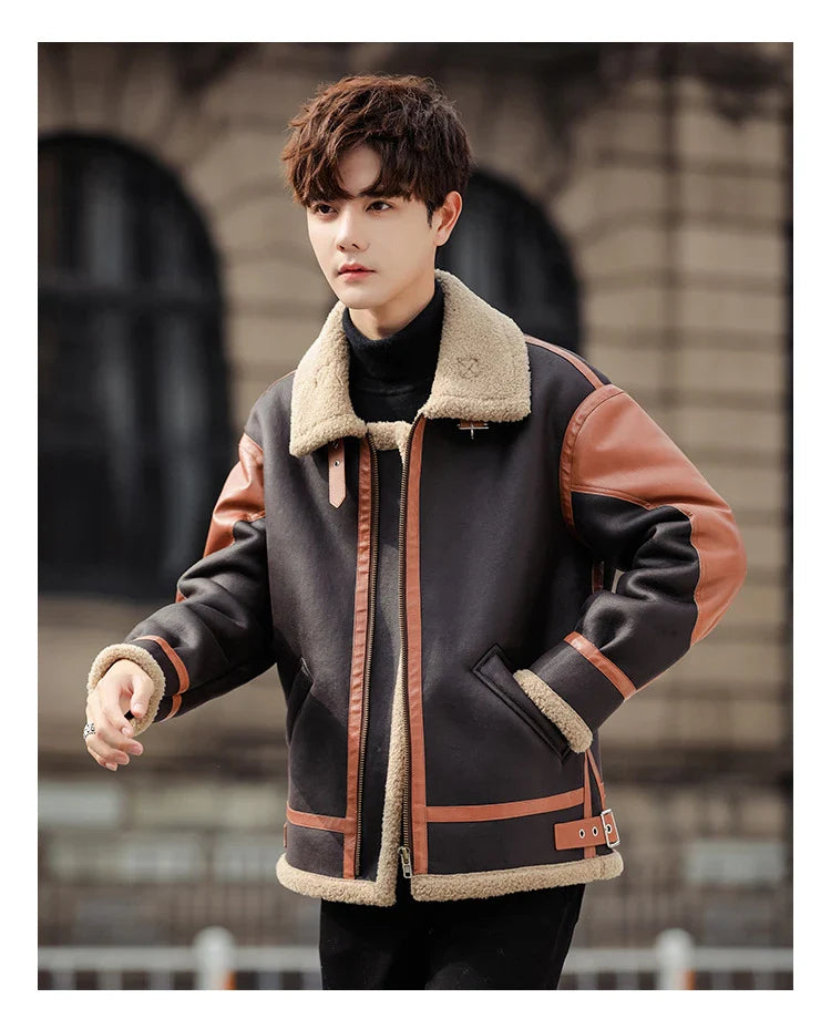 Handsome man wearing a dark coffee-coloured, fur-lined, thickened casual coat with a fashionable style
