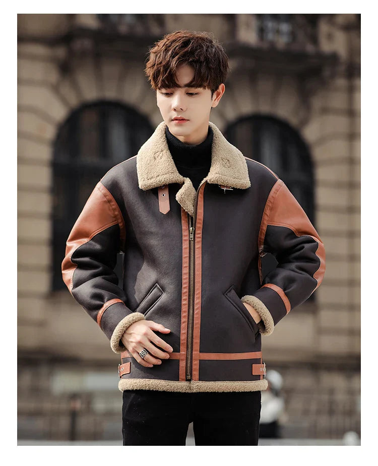 Handsome man wearing a dark coffee-coloured, fur-lined, thickened casual coat with a fashionable style