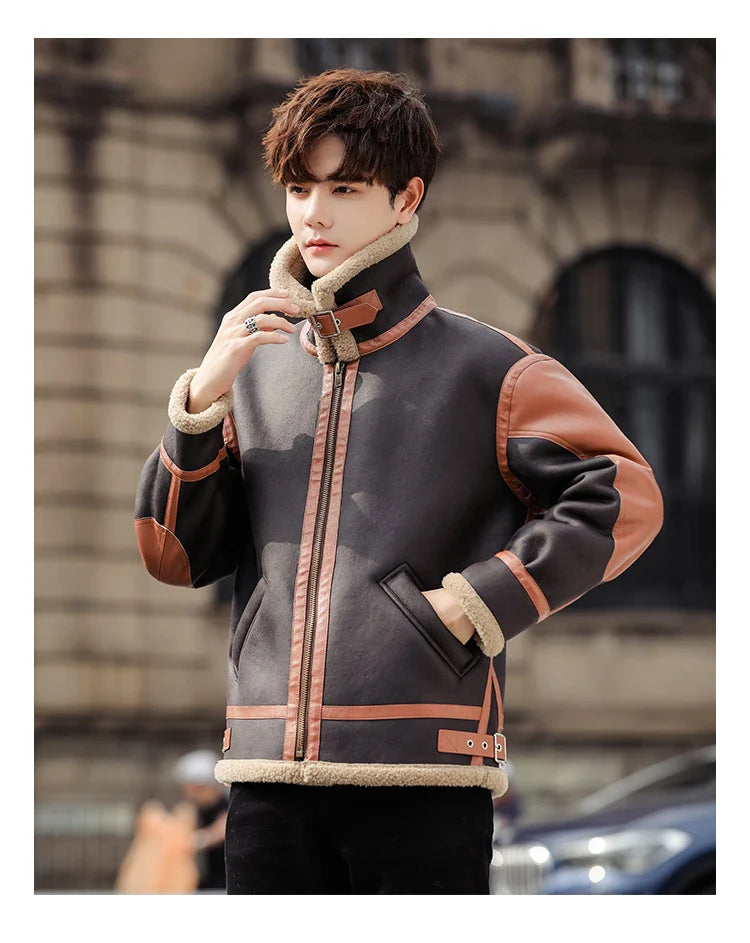 Handsome man wearing a dark coffee-coloured, fur-lined, thickened casual coat with a fashionable style
