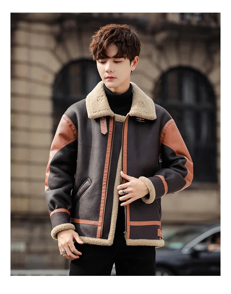 Handsome man wearing a dark coffee-coloured, fur-lined, thickened casual coat with a fashionable style