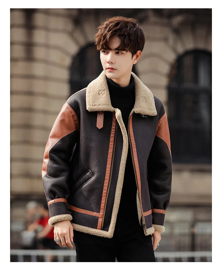 Handsome man wearing a dark coffee-coloured, fur-lined, thickened casual coat with a fashionable style