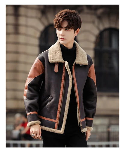 Handsome man wearing a dark coffee-coloured, fur-lined, thickened casual coat with a fashionable style