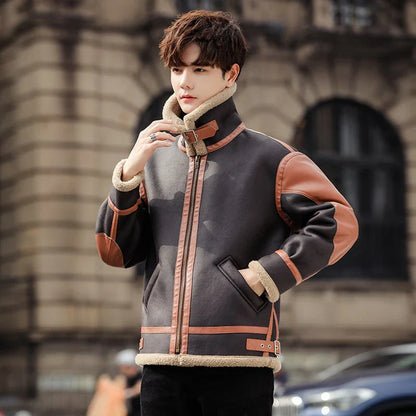 Handsome man wearing a dark coffee-coloured, fur-lined, thickened casual coat with a fashionable style