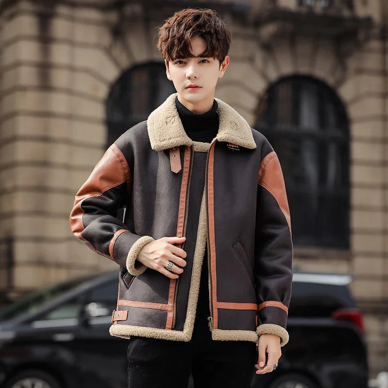 Handsome man wearing a dark coffee-coloured, fur-lined, thickened casual coat with a fashionable style
