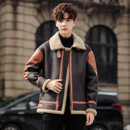 Handsome man wearing a dark coffee-coloured, fur-lined, thickened casual coat with a fashionable style