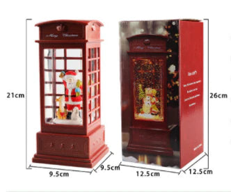 Festive telephone booth music box ornament with snowman and Christmas tree decorations