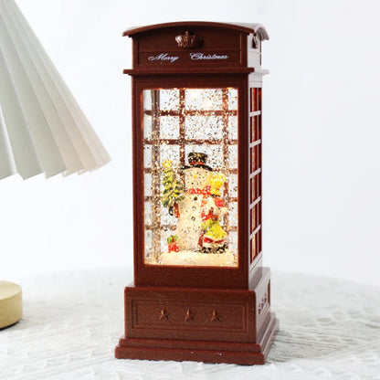 Festive telephone booth music box ornament with snowman and Christmas tree decorations