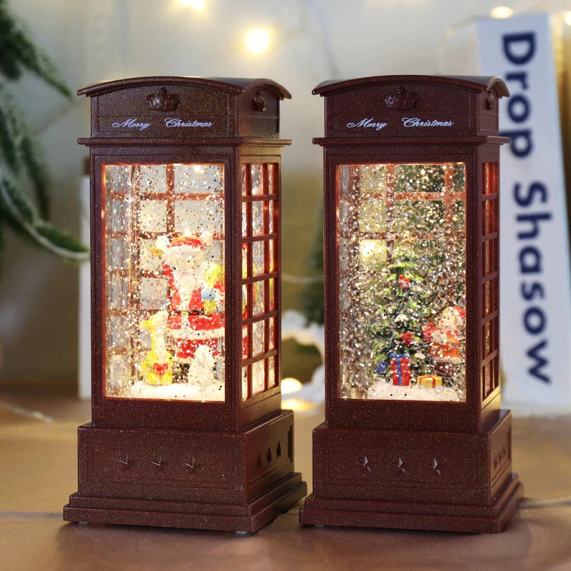 Festive telephone booth music box ornament with snowman and Christmas tree decorations