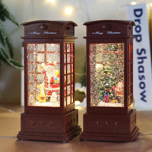 Festive telephone booth music box ornament with snowman and Christmas tree decorations