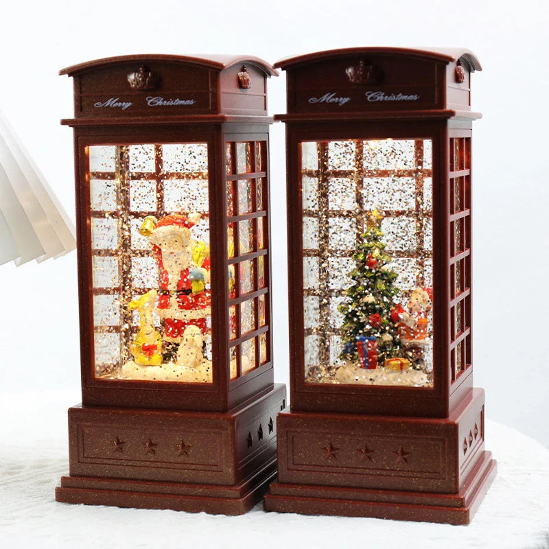 Festive telephone booth music box ornament with snowman and Christmas tree decorations
