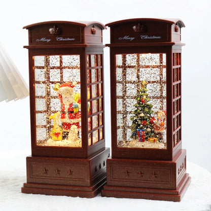 Festive telephone booth music box ornament with snowman and Christmas tree decorations