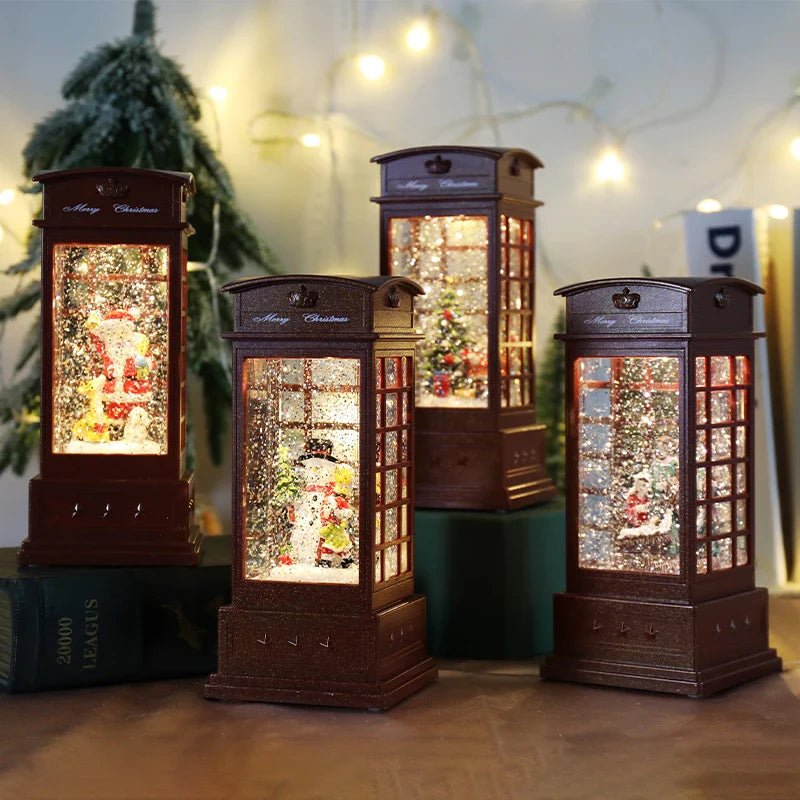 Festive telephone booth music box ornament with snowman and Christmas tree decorations