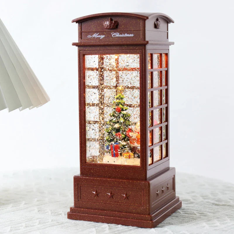 Festive telephone booth music box ornament with snowman and Christmas tree decorations