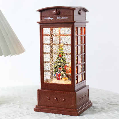 Festive telephone booth music box ornament with snowman and Christmas tree decorations