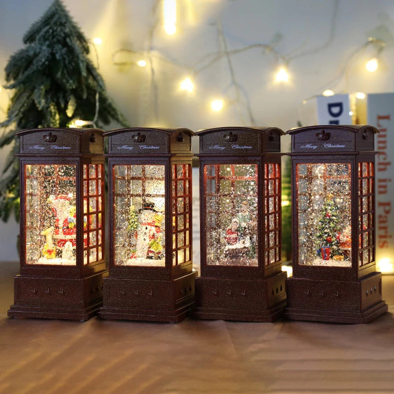 Festive telephone booth music box ornament with snowman and Christmas tree decorations