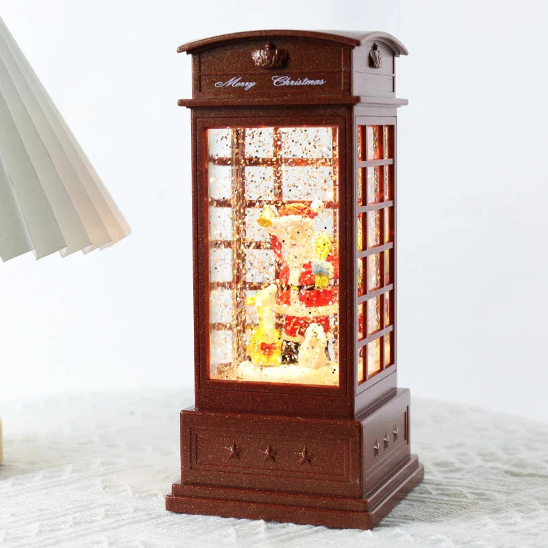 Festive telephone booth music box ornament with snowman and Christmas tree decorations