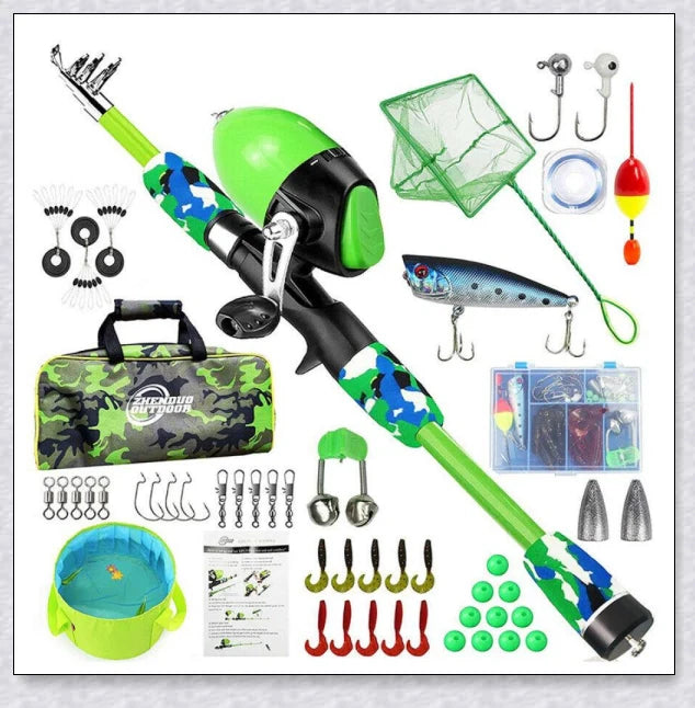 A versatile and durable fishing pole kit designed for kids, featuring a telescopic design, multiple hooks and baits, and a travel bag for easy portability.