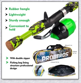A versatile and durable fishing pole kit designed for kids, featuring a telescopic design, multiple hooks and baits, and a travel bag for easy portability.