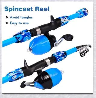 A versatile and durable fishing pole kit designed for kids, featuring a telescopic design, multiple hooks and baits, and a travel bag for easy portability.