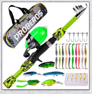 A versatile and durable fishing pole kit designed for kids, featuring a telescopic design, multiple hooks and baits, and a travel bag for easy portability.
