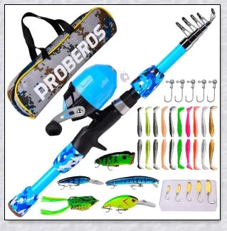 A versatile and durable fishing pole kit designed for kids, featuring a telescopic design, multiple hooks and baits, and a travel bag for easy portability.