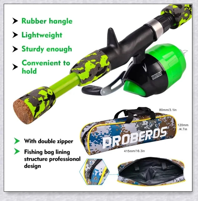 A versatile and durable fishing pole kit designed for kids, featuring a telescopic design, multiple hooks and baits, and a travel bag for easy portability.