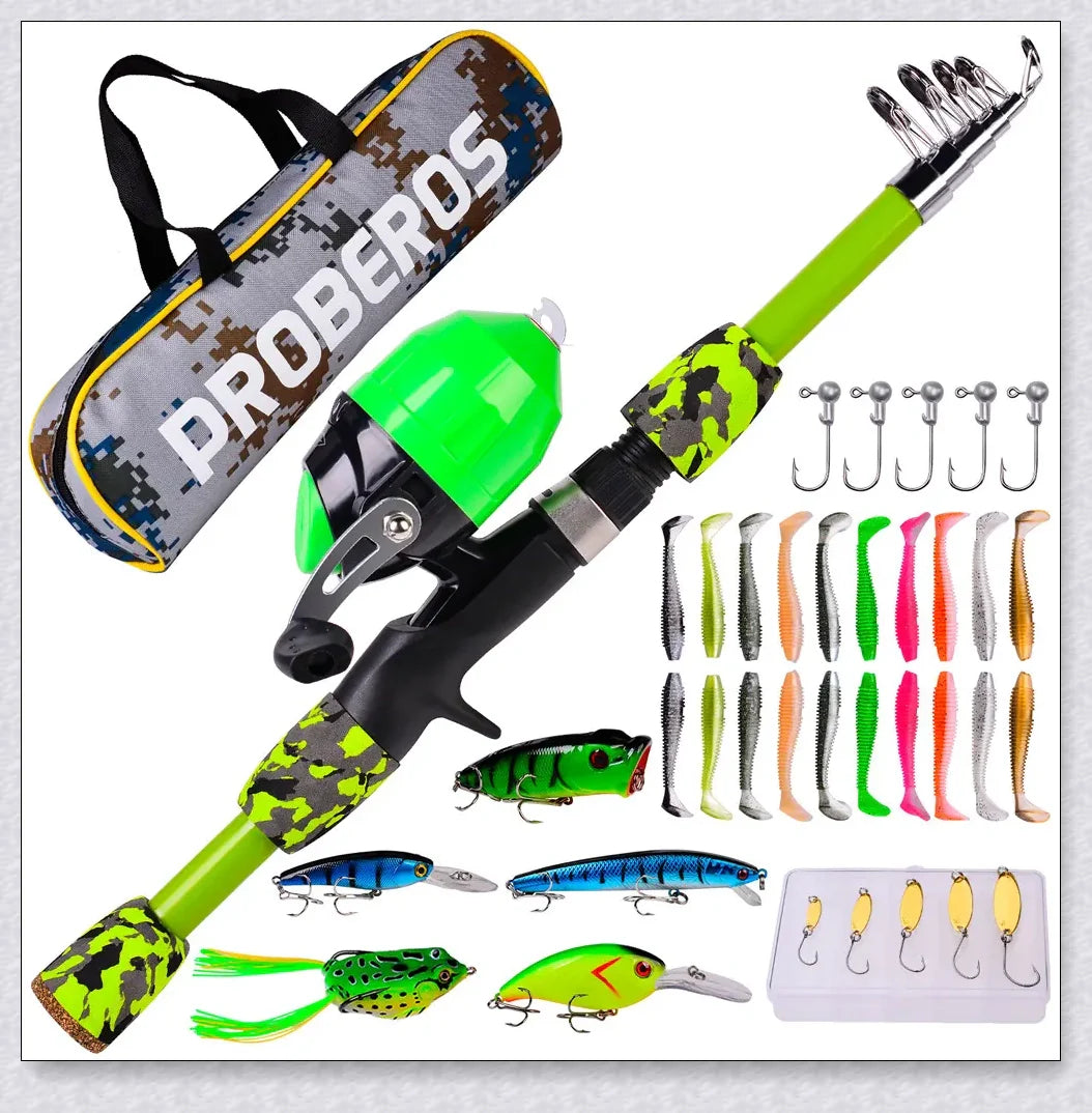 A versatile and durable fishing pole kit designed for kids, featuring a telescopic design, multiple hooks and baits, and a travel bag for easy portability.