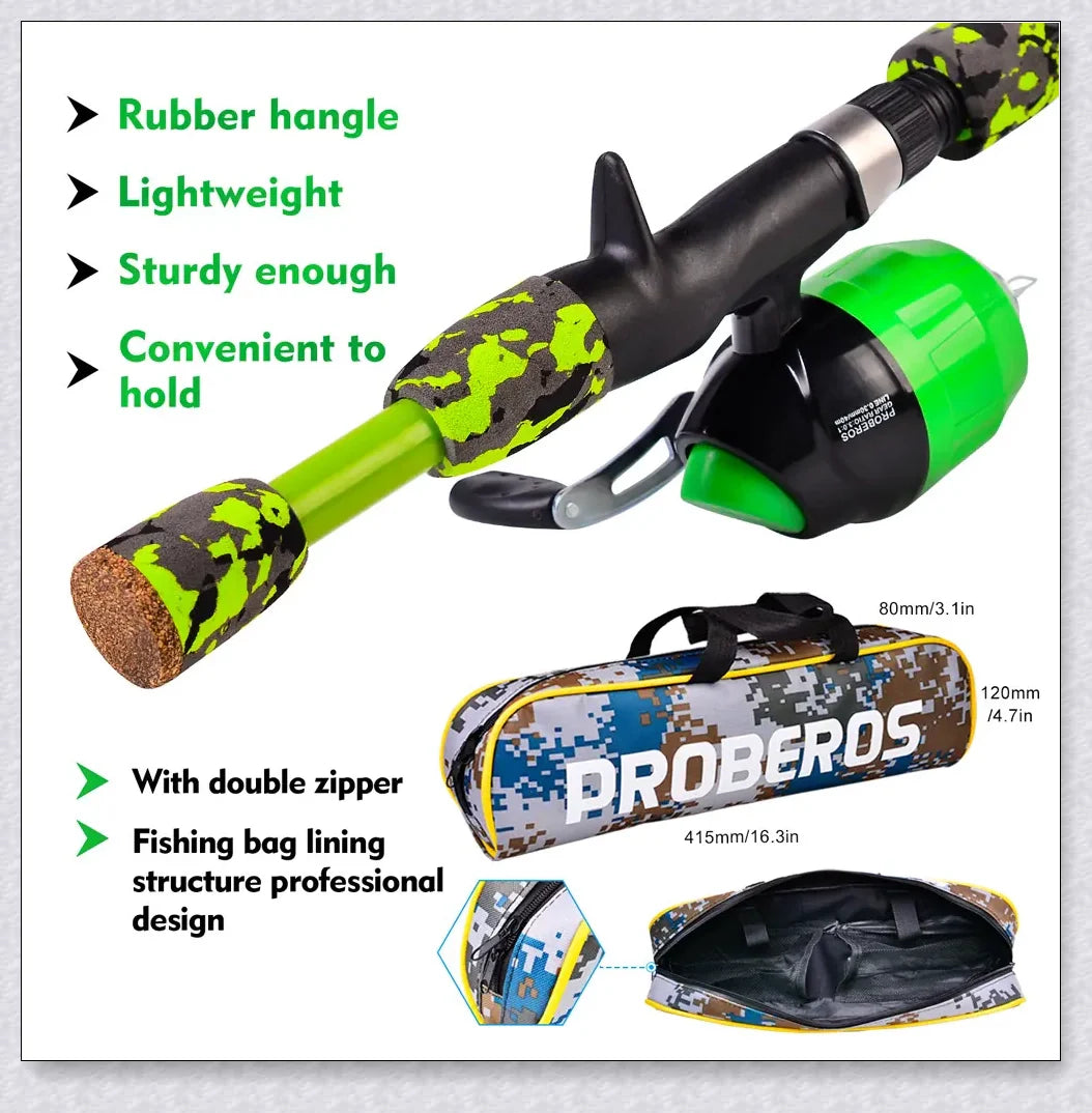 A versatile and durable fishing pole kit designed for kids, featuring a telescopic design, multiple hooks and baits, and a travel bag for easy portability.