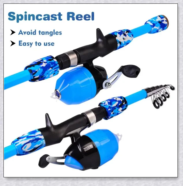 A versatile and durable fishing pole kit designed for kids, featuring a telescopic design, multiple hooks and baits, and a travel bag for easy portability.