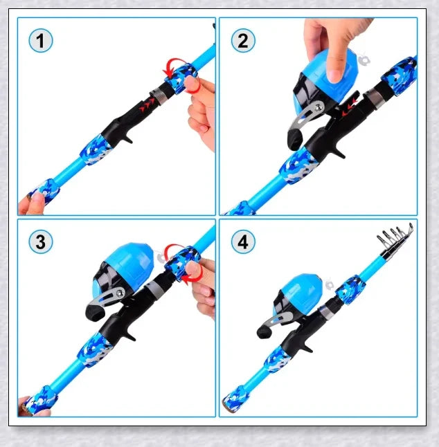 A versatile and durable fishing pole kit designed for kids, featuring a telescopic design, multiple hooks and baits, and a travel bag for easy portability.