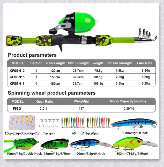 A versatile and durable fishing pole kit designed for kids, featuring a telescopic design, multiple hooks and baits, and a travel bag for easy portability.