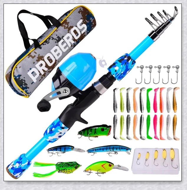 A versatile and durable fishing pole kit designed for kids, featuring a telescopic design, multiple hooks and baits, and a travel bag for easy portability.