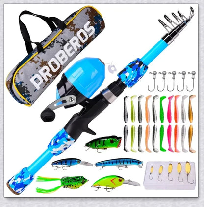 A versatile and durable fishing pole kit designed for kids, featuring a telescopic design, multiple hooks and baits, and a travel bag for easy portability.