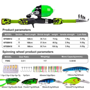 A versatile and durable fishing pole kit designed for kids, featuring a telescopic design, multiple hooks and baits, and a travel bag for easy portability.