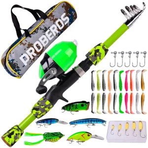 A versatile and durable fishing pole kit designed for kids, featuring a telescopic design, multiple hooks and baits, and a travel bag for easy portability.