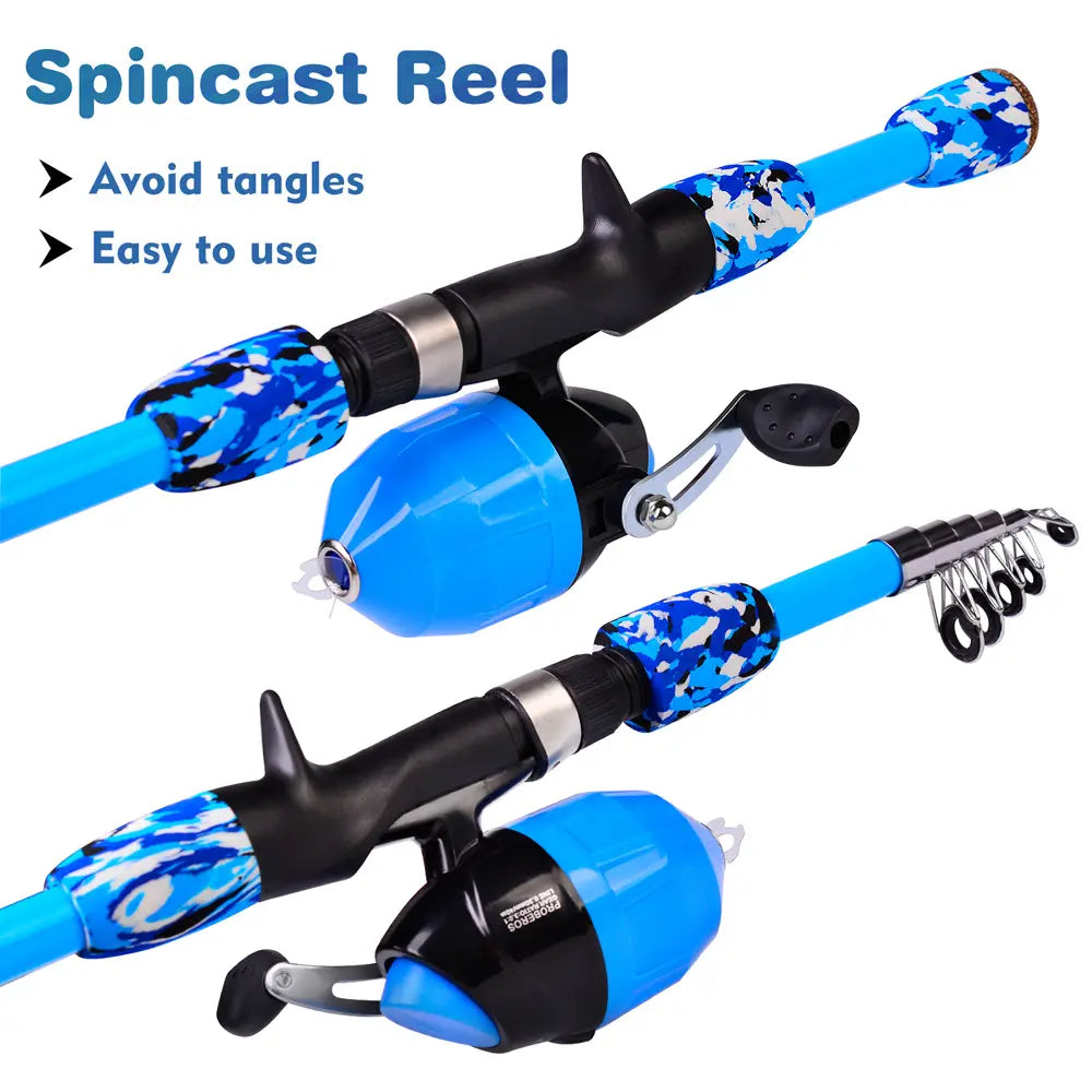 A versatile and durable fishing pole kit designed for kids, featuring a telescopic design, multiple hooks and baits, and a travel bag for easy portability.