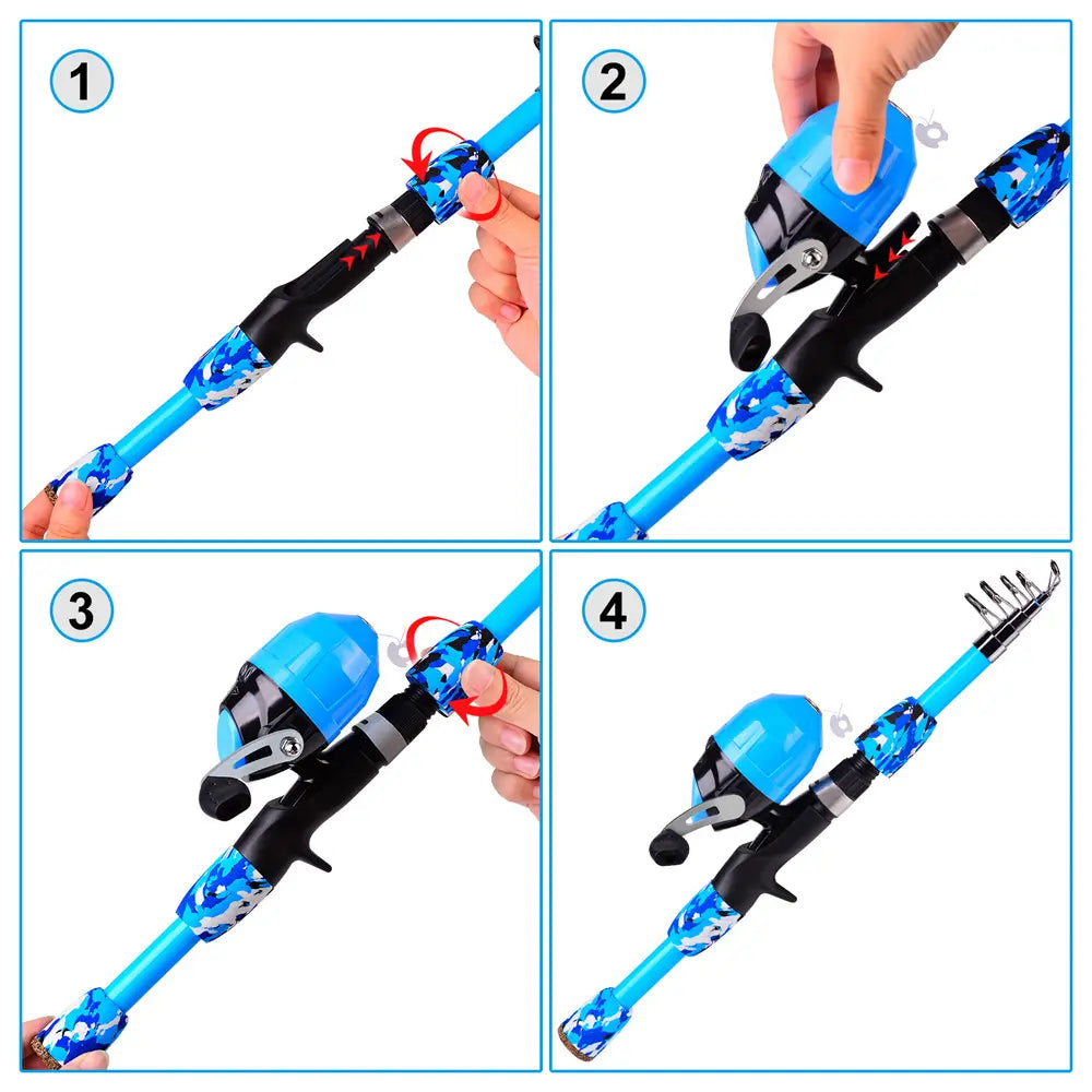 A versatile and durable fishing pole kit designed for kids, featuring a telescopic design, multiple hooks and baits, and a travel bag for easy portability.