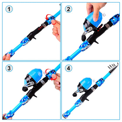 A versatile and durable fishing pole kit designed for kids, featuring a telescopic design, multiple hooks and baits, and a travel bag for easy portability.