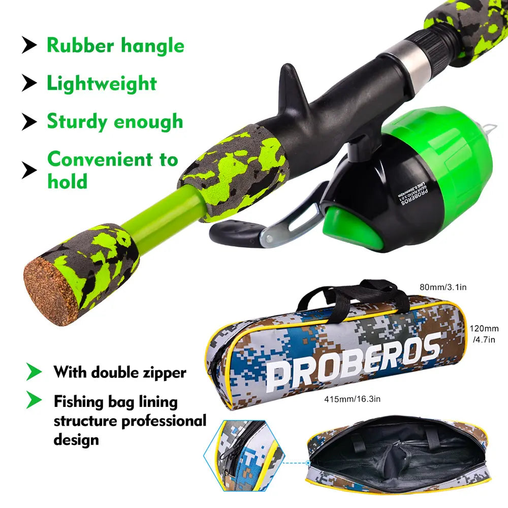A versatile and durable fishing pole kit designed for kids, featuring a telescopic design, multiple hooks and baits, and a travel bag for easy portability.