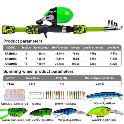 A versatile and durable fishing pole kit designed for kids, featuring a telescopic design, multiple hooks and baits, and a travel bag for easy portability.